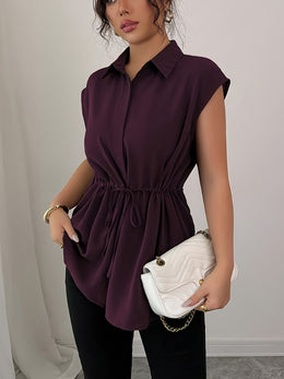 KissICON Plus Size - Plus Size Women'S Sleeveless Blouse - Solid Color Purple with Drawstring Waist, Casual Button-Up Shirt, Non-Stretch Fabric, Perfect for Casual Attire, Casual Attire Blouse | Buttonup Shirt | Nonstretch Fabric