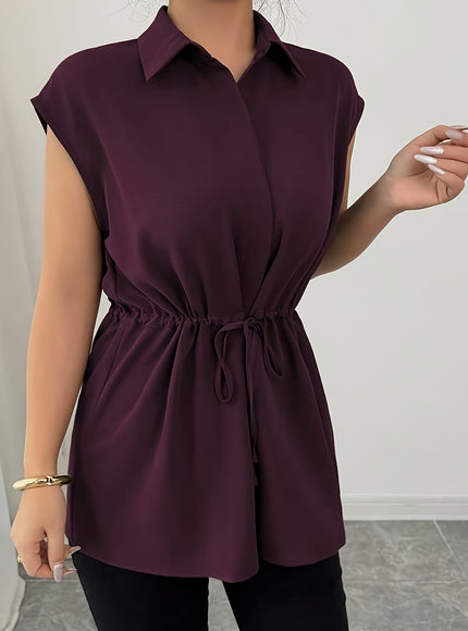KissICON Plus Size - Plus Size Women'S Sleeveless Blouse - Solid Color Purple with Drawstring Waist, Casual Button-Up Shirt, Non-Stretch Fabric, Perfect for Casual Attire, Casual Attire Blouse | Buttonup Shirt | Nonstretch Fabric