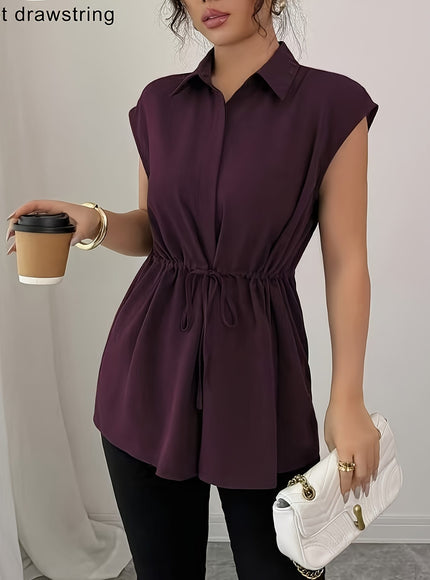 KissICON Plus Size - Plus Size Women'S Sleeveless Blouse - Solid Color Purple with Drawstring Waist, Casual Button-Up Shirt, Non-Stretch Fabric, Perfect for Casual Attire, Casual Attire Blouse | Buttonup Shirt | Nonstretch Fabric