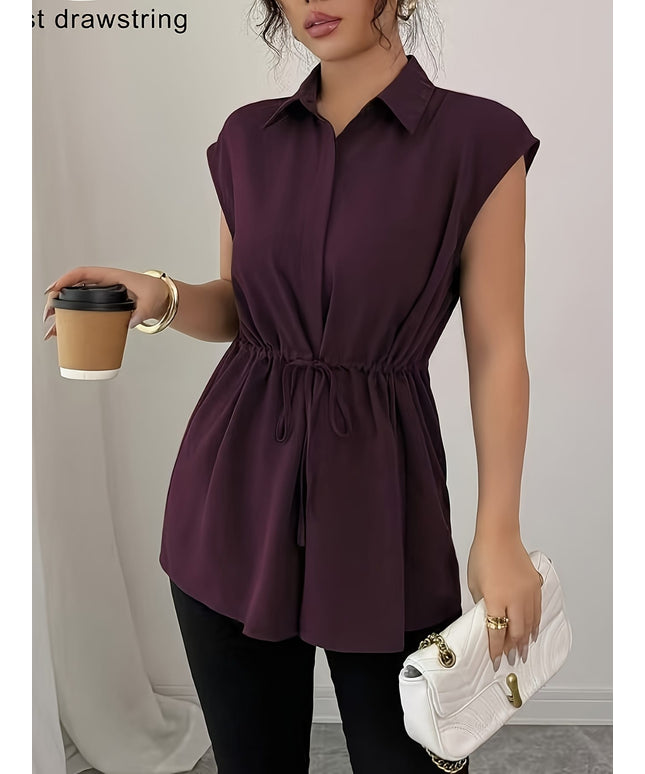 KissICON Plus Size - Plus Size Women'S Sleeveless Blouse - Solid Color Purple with Drawstring Waist, Casual Button-Up Shirt, Non-Stretch Fabric, Perfect for Casual Attire, Casual Attire Blouse | Buttonup Shirt | Nonstretch Fabric