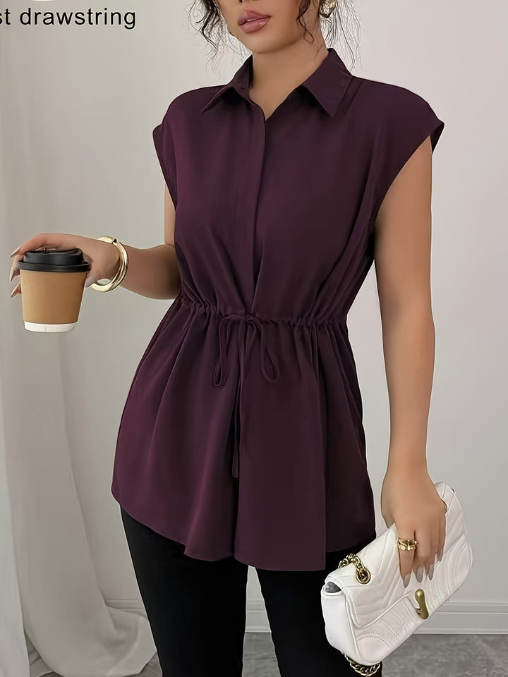 Plus Size - Plus Size Women'S Sleeveless Blouse - Solid Color Purple with Drawstring Waist, Casual Button-Up Shirt, Non-Stretch Fabric, Perfect for Casual Attire, Casual Attire Blouse | Buttonup Shirt | Nonstretch Fabric