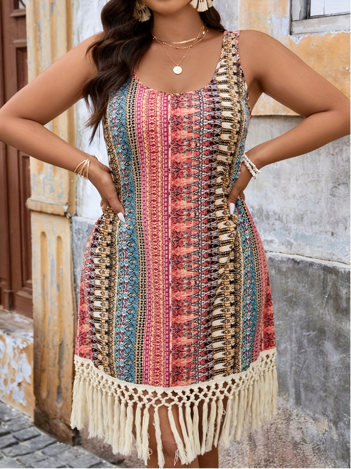 jkthpu-45 Plus Size - Plus Size Women'S Sleeveless Floral Print Dress with Tassel Detail - Vibrant Summer Vacation Dress, Round Neck, Non-Stretch Fabric, Lightweight & Breathable for Casual Outings, Vacation Dresses