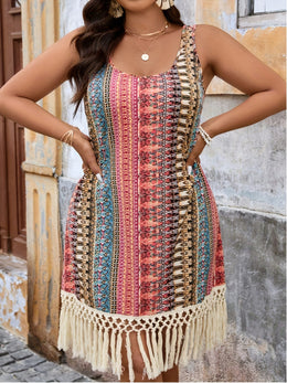jkthpu-45 Plus Size - Plus Size Women'S Sleeveless Floral Print Dress with Tassel Detail - Vibrant Summer Vacation Dress, Round Neck, Non-Stretch Fabric, Lightweight & Breathable for Casual Outings, Vacation Dresses