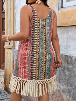 jkthpu-45 Plus Size - Plus Size Women'S Sleeveless Floral Print Dress with Tassel Detail - Vibrant Summer Vacation Dress, Round Neck, Non-Stretch Fabric, Lightweight & Breathable for Casual Outings, Vacation Dresses