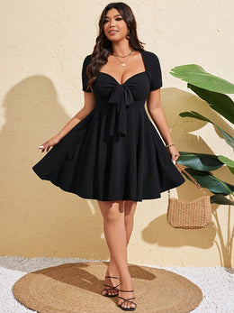 jkthpu-45 Plus Size, Plus Size Women's Summer Sexy Front Tie Short Sleeve Bodycon Mini Dress, Evening Wear, Summer Party Dress, Vneck Design, Bodycon Fit, Stretchy Fabric, Machine Washable, Trendy Outfit, Fitted Dress, Stylish Women, Curvy Women