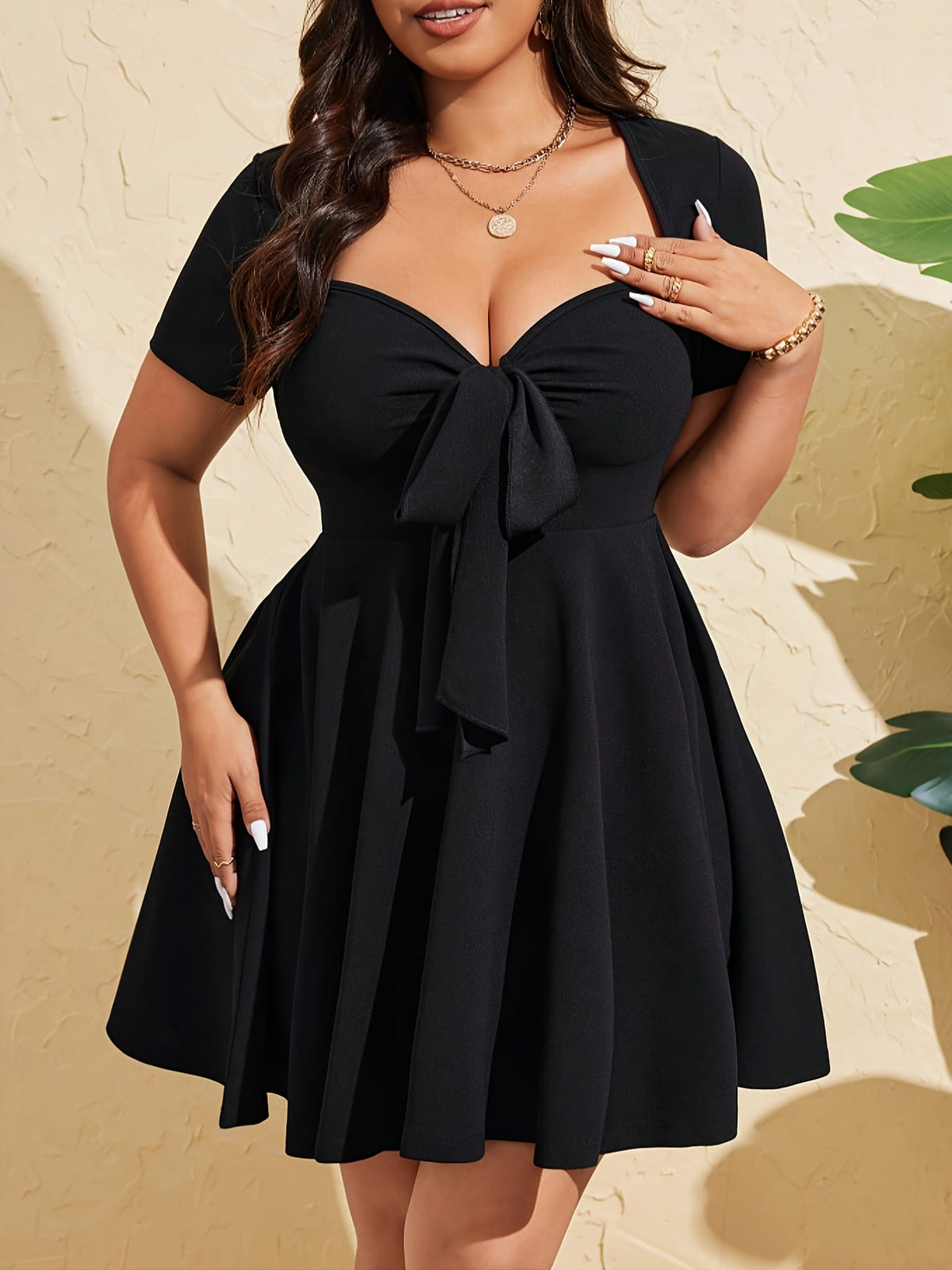 jkthpu-45 Plus Size, Plus Size Women's Summer Sexy Front Tie Short Sleeve Bodycon Mini Dress, Evening Wear, Summer Party Dress, Vneck Design, Bodycon Fit, Stretchy Fabric, Machine Washable, Trendy Outfit, Fitted Dress, Stylish Women, Curvy Women