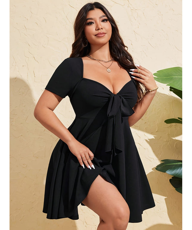 jkthpu-45 Plus Size, Plus Size Women's Summer Sexy Front Tie Short Sleeve Bodycon Mini Dress, Evening Wear, Summer Party Dress, Vneck Design, Bodycon Fit, Stretchy Fabric, Machine Washable, Trendy Outfit, Fitted Dress, Stylish Women, Curvy Women