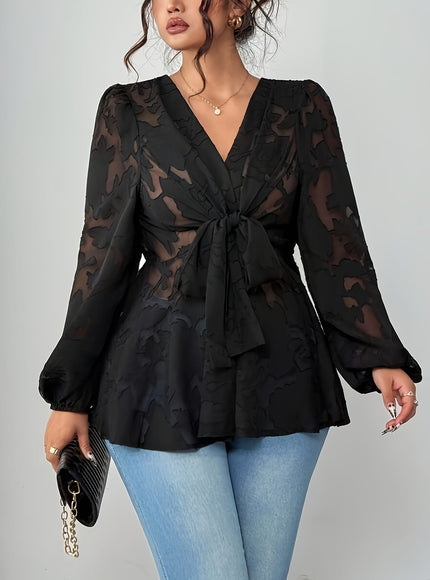 jkthpu-45 Plus Size - Plus Size Women'S V-Neck Long Sleeve Cross-Tie Bow Waist Elegant Shirt, Perfect for Outings in Spring And Autumn.
