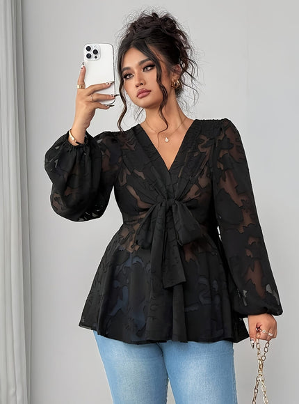 jkthpu-45 Plus Size - Plus Size Women'S V-Neck Long Sleeve Cross-Tie Bow Waist Elegant Shirt, Perfect for Outings in Spring And Autumn.