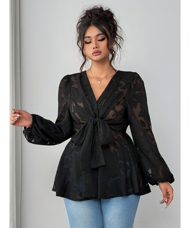 jkthpu-45 Plus Size - Plus Size Women'S V-Neck Long Sleeve Cross-Tie Bow Waist Elegant Shirt, Perfect for Outings in Spring And Autumn.