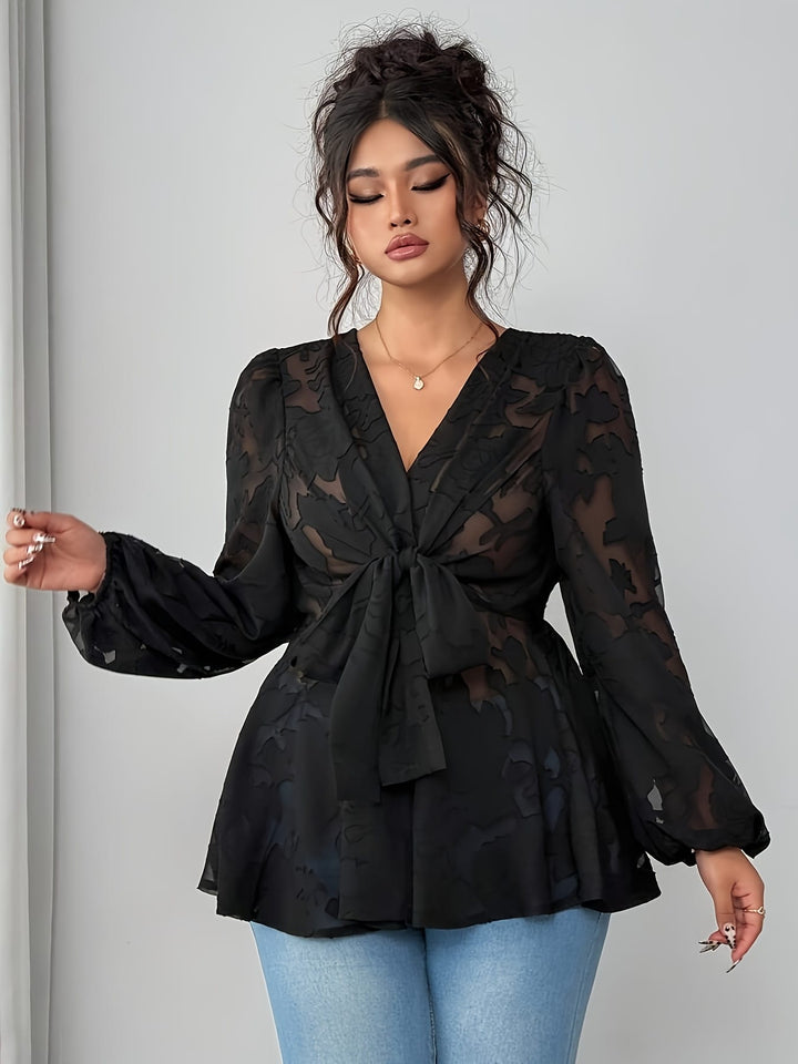 Plus Size - Plus Size Women'S V-Neck Long Sleeve Cross-Tie Bow Waist Elegant Shirt, Perfect for Outings in Spring And Autumn.