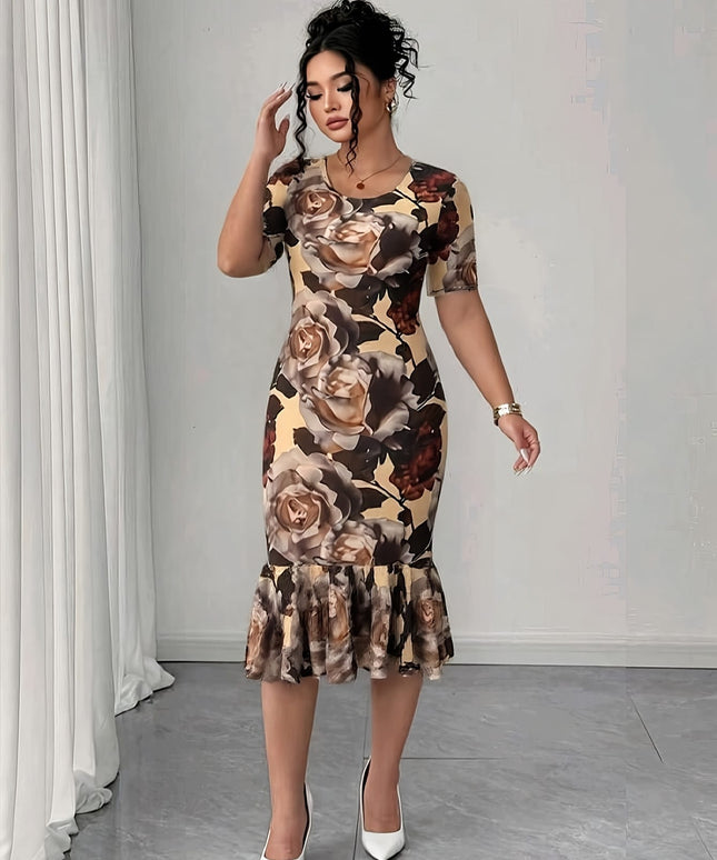 jkthpu-45 Plus Size, Plus Size Women's Vintage Floral Print Ruffle Dress - Stretchy Polyester Midi Dress with Crew Neck, H-Line Silhouette & Lightweight 180gsm Fabric for All-Season Casual to Semi-Formal Wear