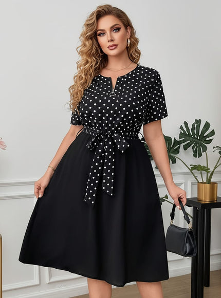 jkthpu-45 Plus Size Polka Dot ALine Dress Chic  Washable