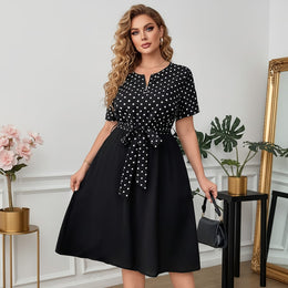 jkthpu-45 Plus Size Polka Dot ALine Dress Chic  Washable
