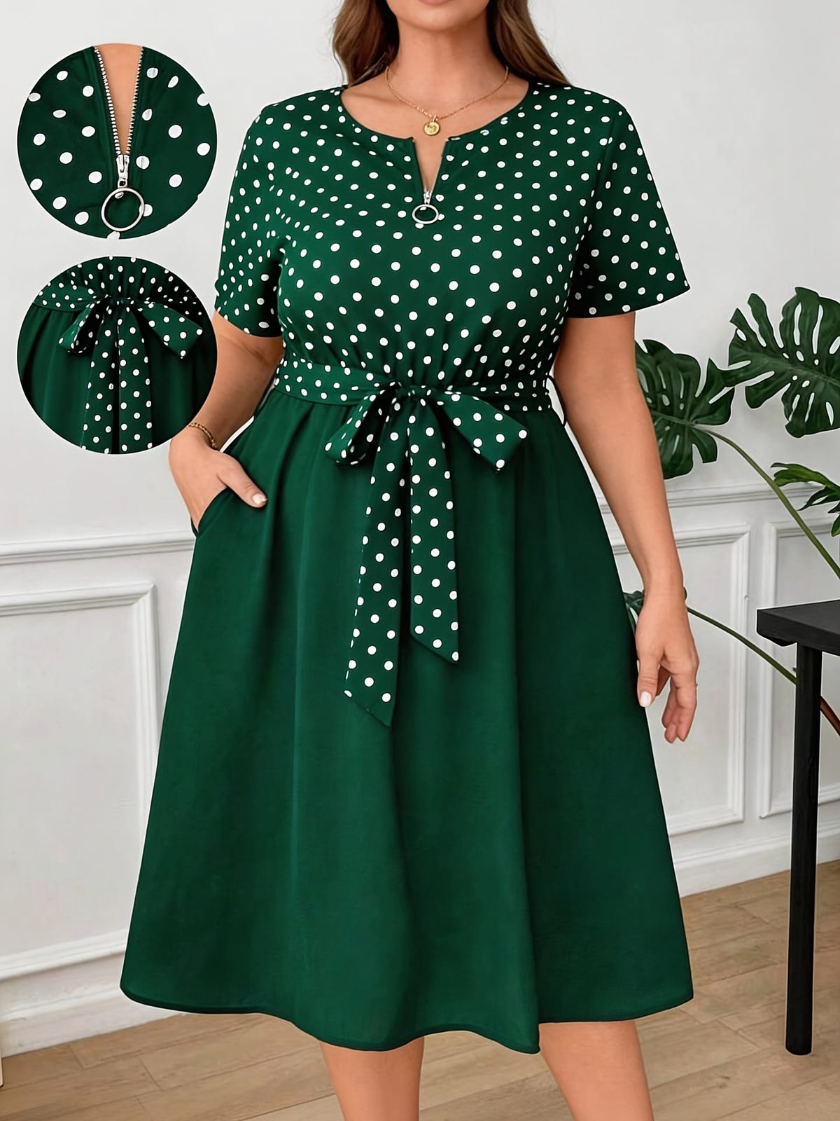 jkthpu-45 Plus Size Polka Dot ALine Dress Chic  Washable