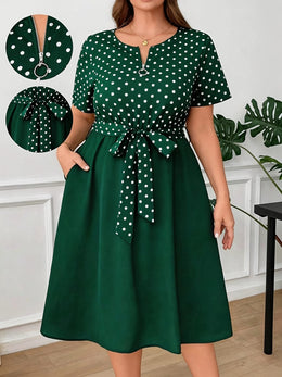 jkthpu-45 Plus Size Polka Dot ALine Dress Chic  Washable