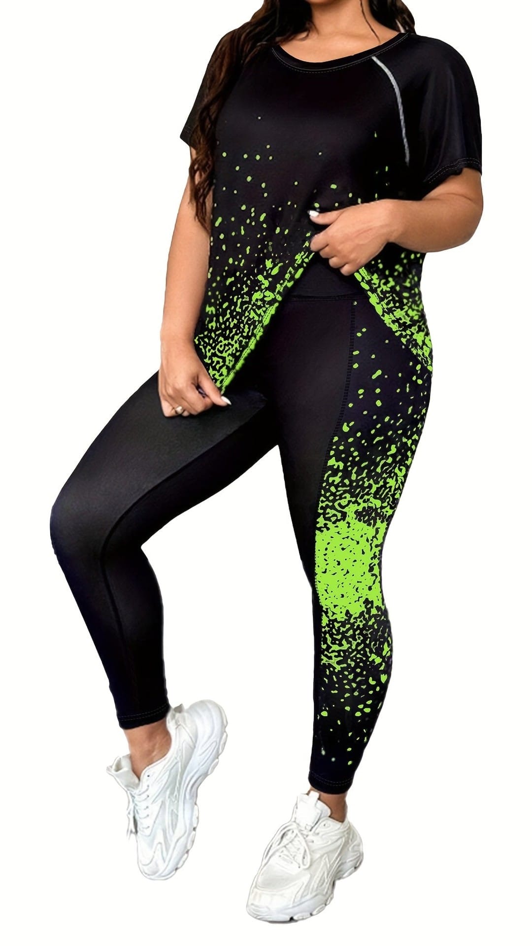 jkthpu-45 Plus Size Printed Athleisure TwoPiece Set