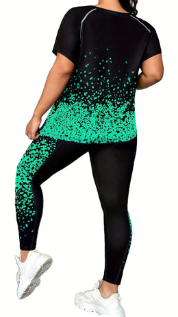 jkthpu-45 Plus Size Printed Athleisure TwoPiece Set