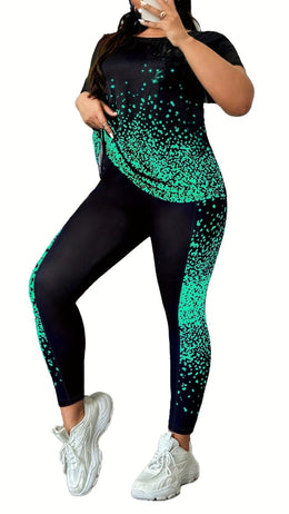 jkthpu-45 Plus Size Printed Athleisure TwoPiece Set