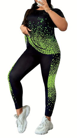 jkthpu-45 Plus Size Printed Athleisure TwoPiece Set
