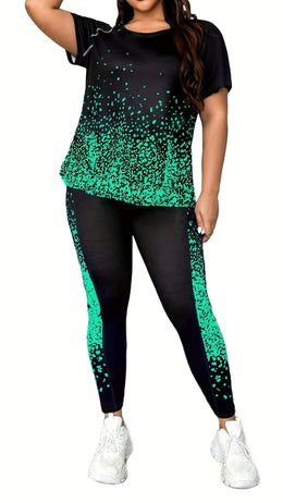 jkthpu-45 Plus Size Printed Athleisure TwoPiece Set