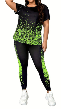 jkthpu-45 Plus Size Printed Athleisure TwoPiece Set