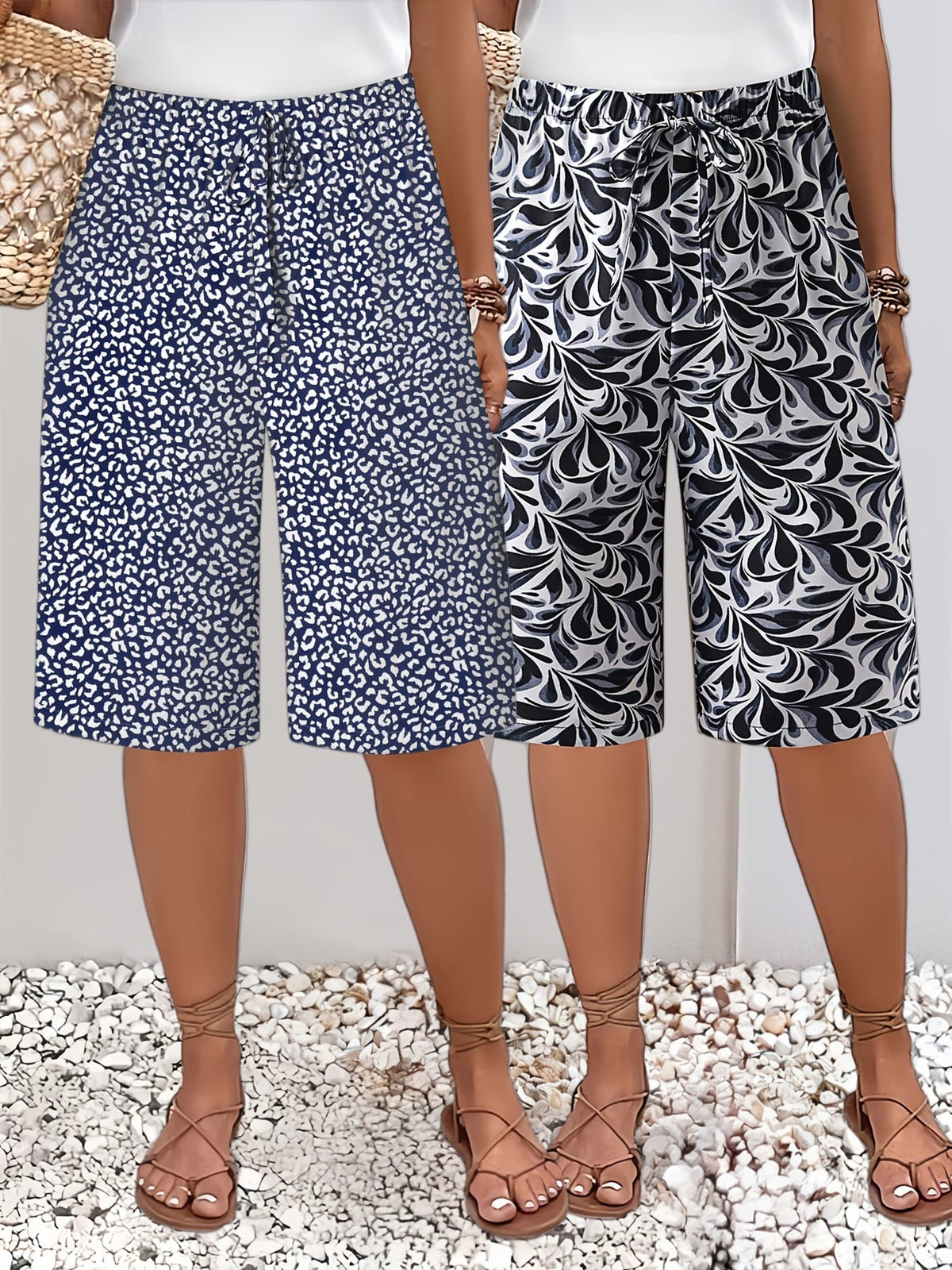 jkthpu-45 Plus Size Printed Beach Vacation TwoPiece Shorts Set