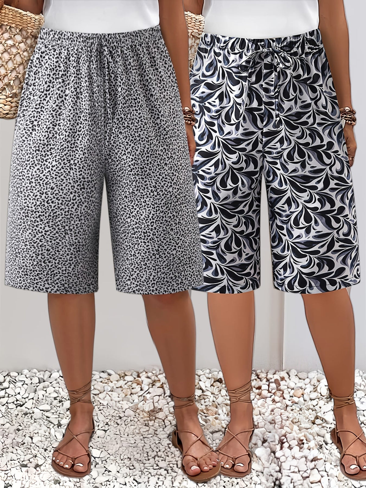 jkthpu-45 Plus Size Printed Beach Vacation TwoPiece Shorts Set