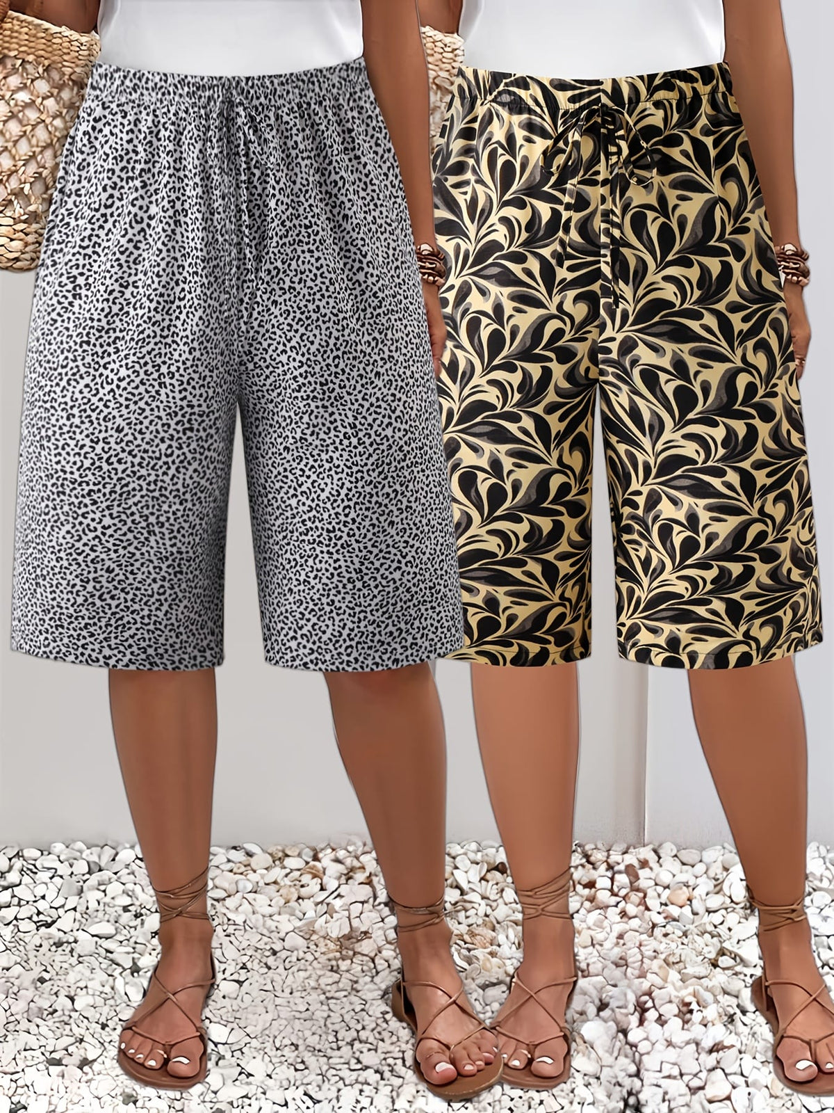 jkthpu-45 Plus Size Printed Beach Vacation TwoPiece Shorts Set