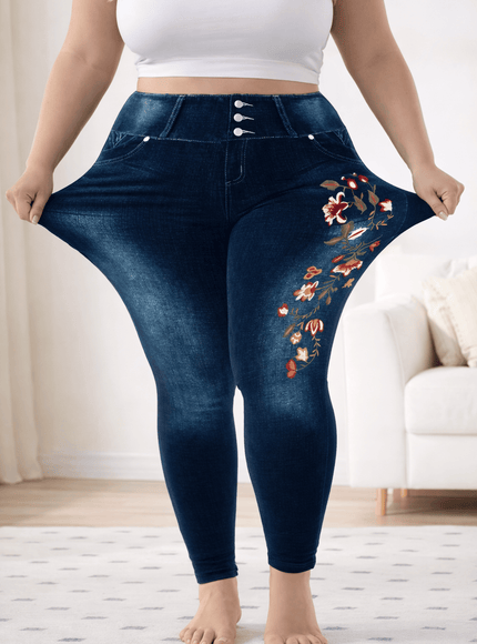 KissICON Plus Size Printed Denim Look Leggings – Stretchy High Waist