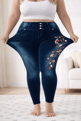 KissICON Plus Size Printed Denim Look Leggings – Stretchy High Waist