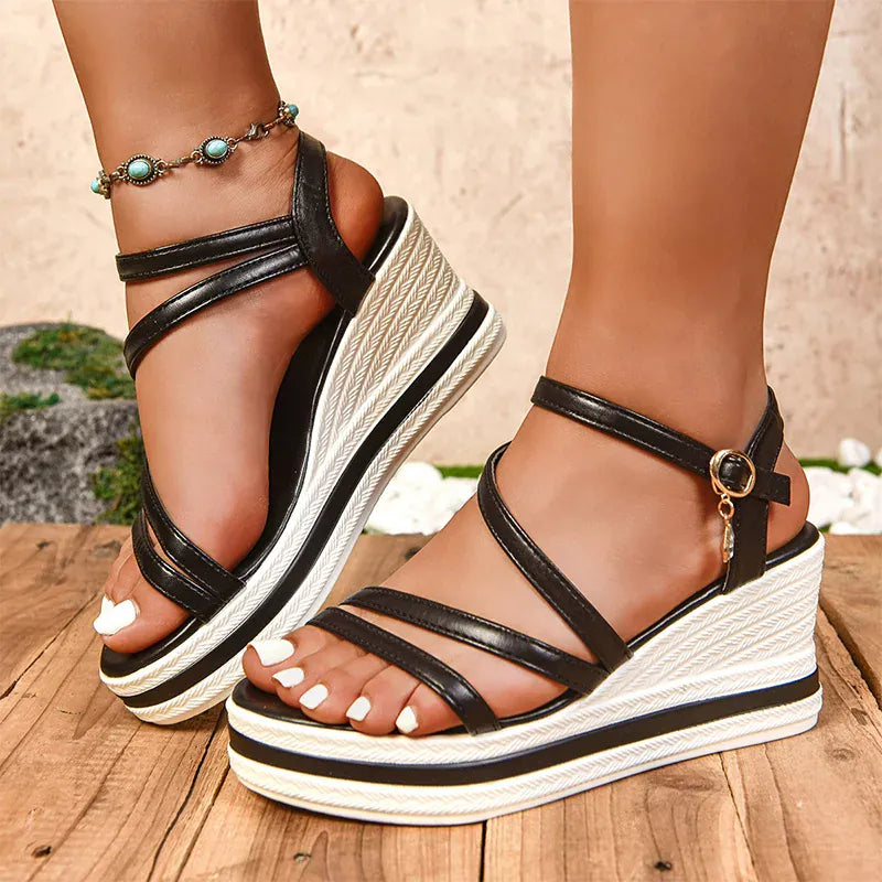 KissICON Plus Size Pu Leather Wedges Sandals for Women