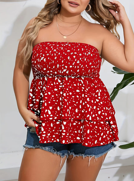 jkthpu-45 boobtube Plus Size Puff Sleeve Printed Ruffled Layered Top