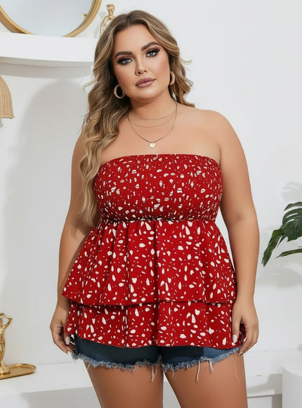 jkthpu-45 boobtube Plus Size Puff Sleeve Printed Ruffled Layered Top