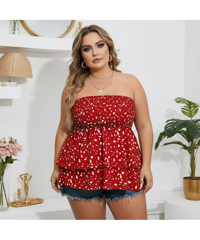 jkthpu-45 boobtube Plus Size Puff Sleeve Printed Ruffled Layered Top