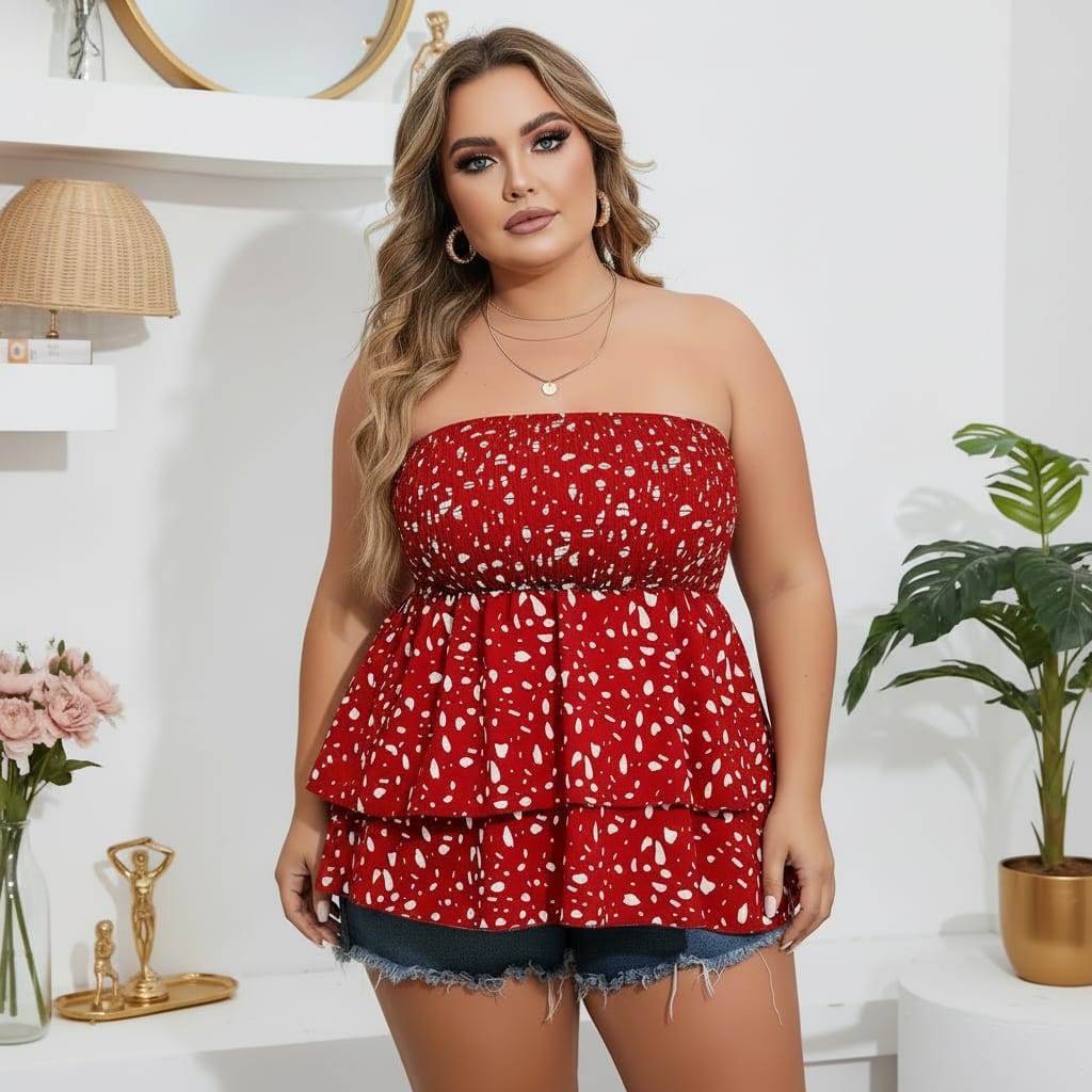 jkthpu-45 boobtube Plus Size Puff Sleeve Printed Ruffled Layered Top