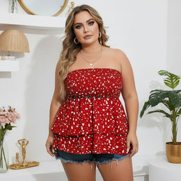 jkthpu-45 boobtube Plus Size Puff Sleeve Printed Ruffled Layered Top