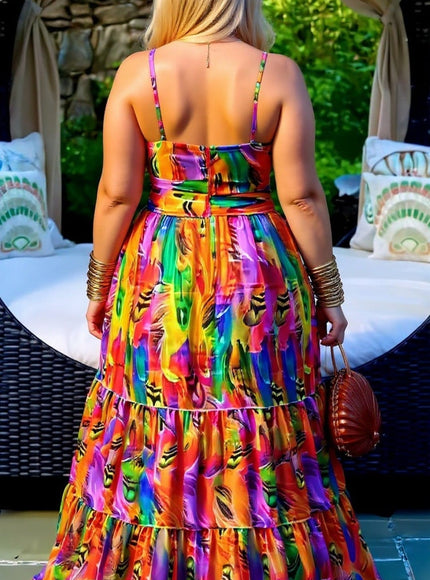 KISSICON Plus Size Rainbow Print Cut-Out Maxi Dress