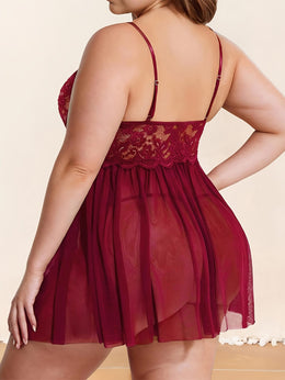 jkthpu-45 Plus Size Red Lace Babydoll Nightdress - Sexy Criss Cross Strappy Design, Floral Mesh Sheer Sleepwear for Women, Ruffle Swing, Hand Wash Only, Babydoll Nightie Sleepwear