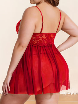 jkthpu-45 Plus Size Red Lace Babydoll Nightdress - Sexy Criss Cross Strappy Design, Floral Mesh Sheer Sleepwear for Women, Ruffle Swing, Hand Wash Only, Babydoll Nightie Sleepwear