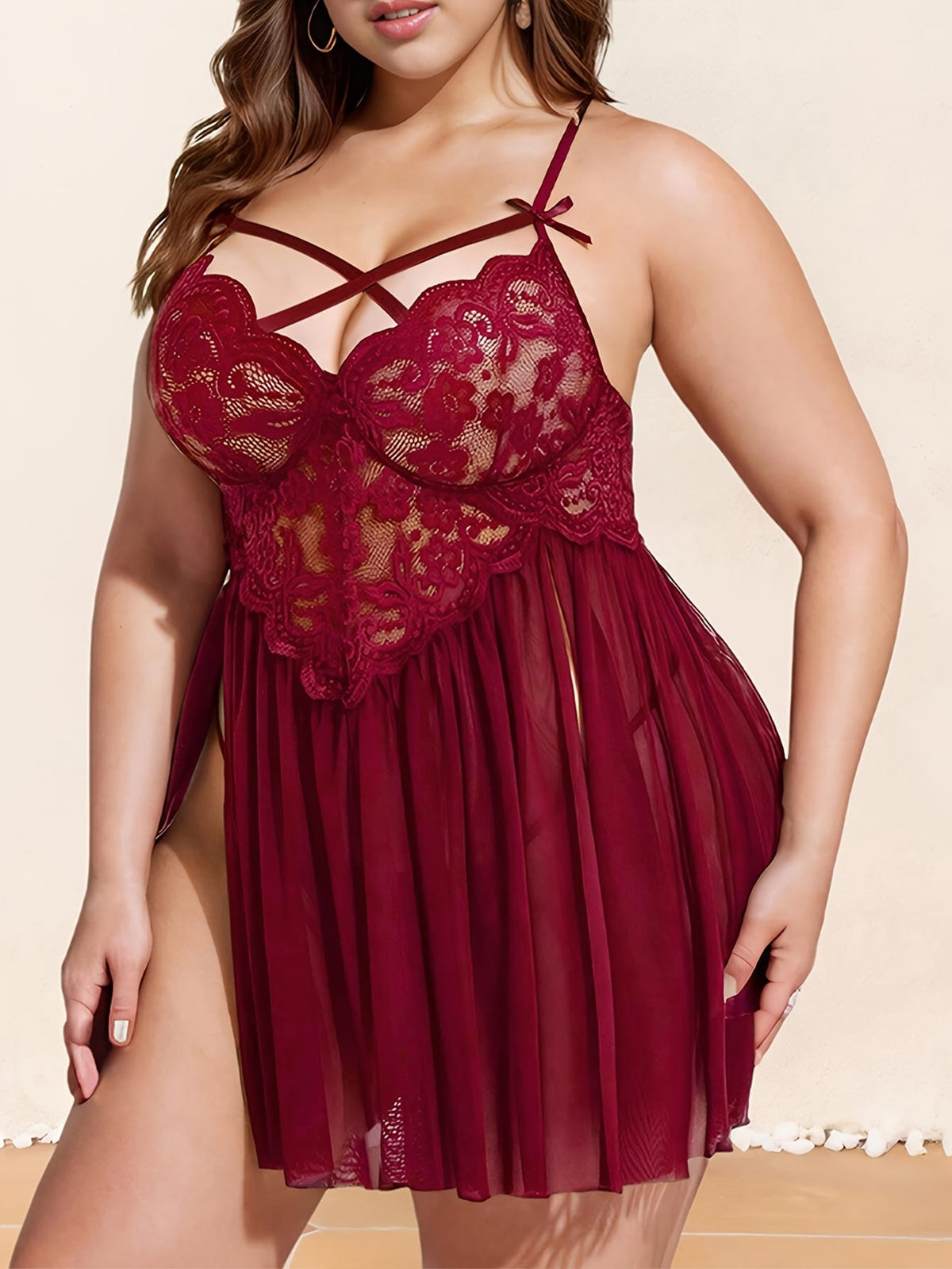 jkthpu-45 Plus Size Red Lace Babydoll Nightdress - Sexy Criss Cross Strappy Design, Floral Mesh Sheer Sleepwear for Women, Ruffle Swing, Hand Wash Only, Babydoll Nightie Sleepwear