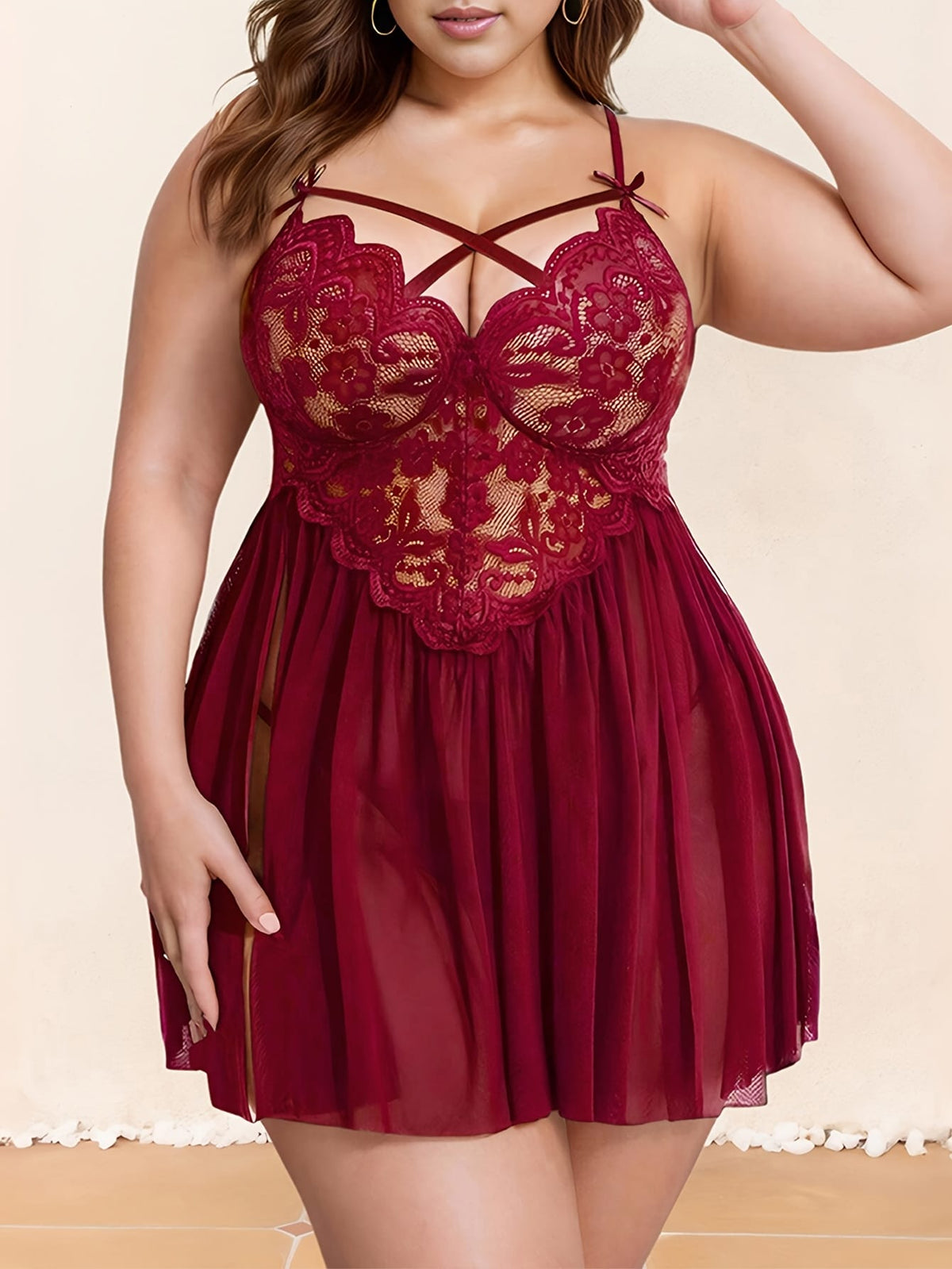 jkthpu-45 Plus Size Red Lace Babydoll Nightdress - Sexy Criss Cross Strappy Design, Floral Mesh Sheer Sleepwear for Women, Ruffle Swing, Hand Wash Only, Babydoll Nightie Sleepwear