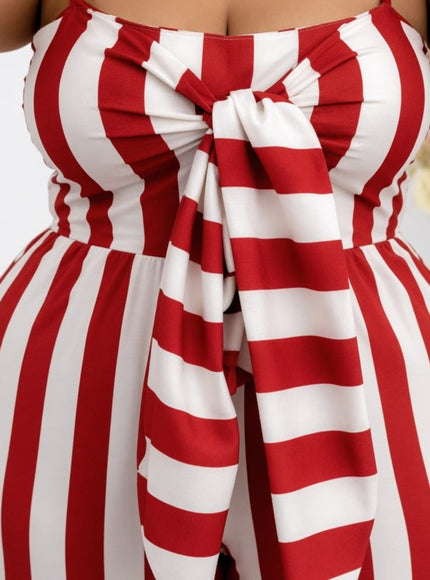 KissICON Jumpsuits Plus Size Red & White Stripe Tie Front Wide Leg Jumpsuit
