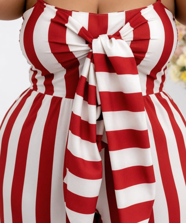 KissICON Jumpsuits Plus Size Red & White Stripe Tie Front Wide Leg Jumpsuit