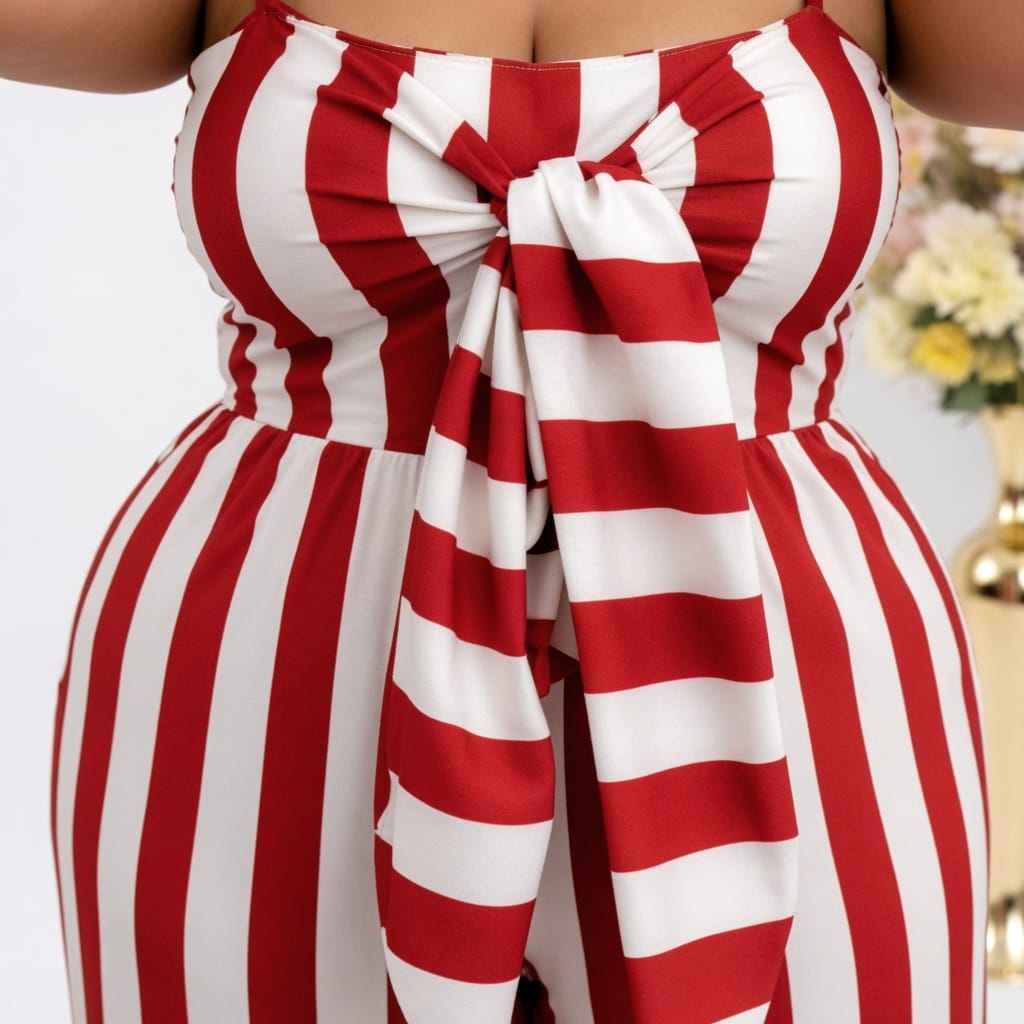 KissICON Jumpsuits Plus Size Red & White Stripe Tie Front Wide Leg Jumpsuit