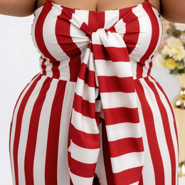 KissICON Jumpsuits Plus Size Red & White Stripe Tie Front Wide Leg Jumpsuit