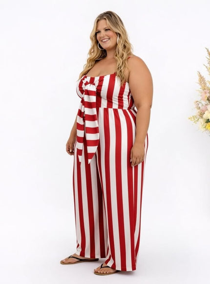 KissICON Jumpsuits Plus Size Red & White Stripe Tie Front Wide Leg Jumpsuit