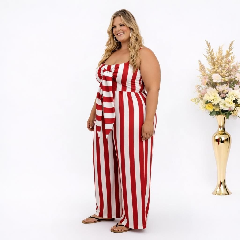 KissICON Jumpsuits Plus Size Red & White Stripe Tie Front Wide Leg Jumpsuit