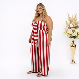 KissICON Jumpsuits Plus Size Red & White Stripe Tie Front Wide Leg Jumpsuit