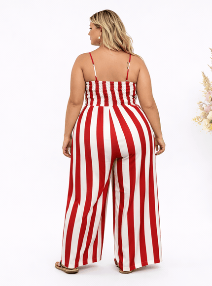 KissICON Jumpsuits Plus Size Red & White Stripe Tie Front Wide Leg Jumpsuit